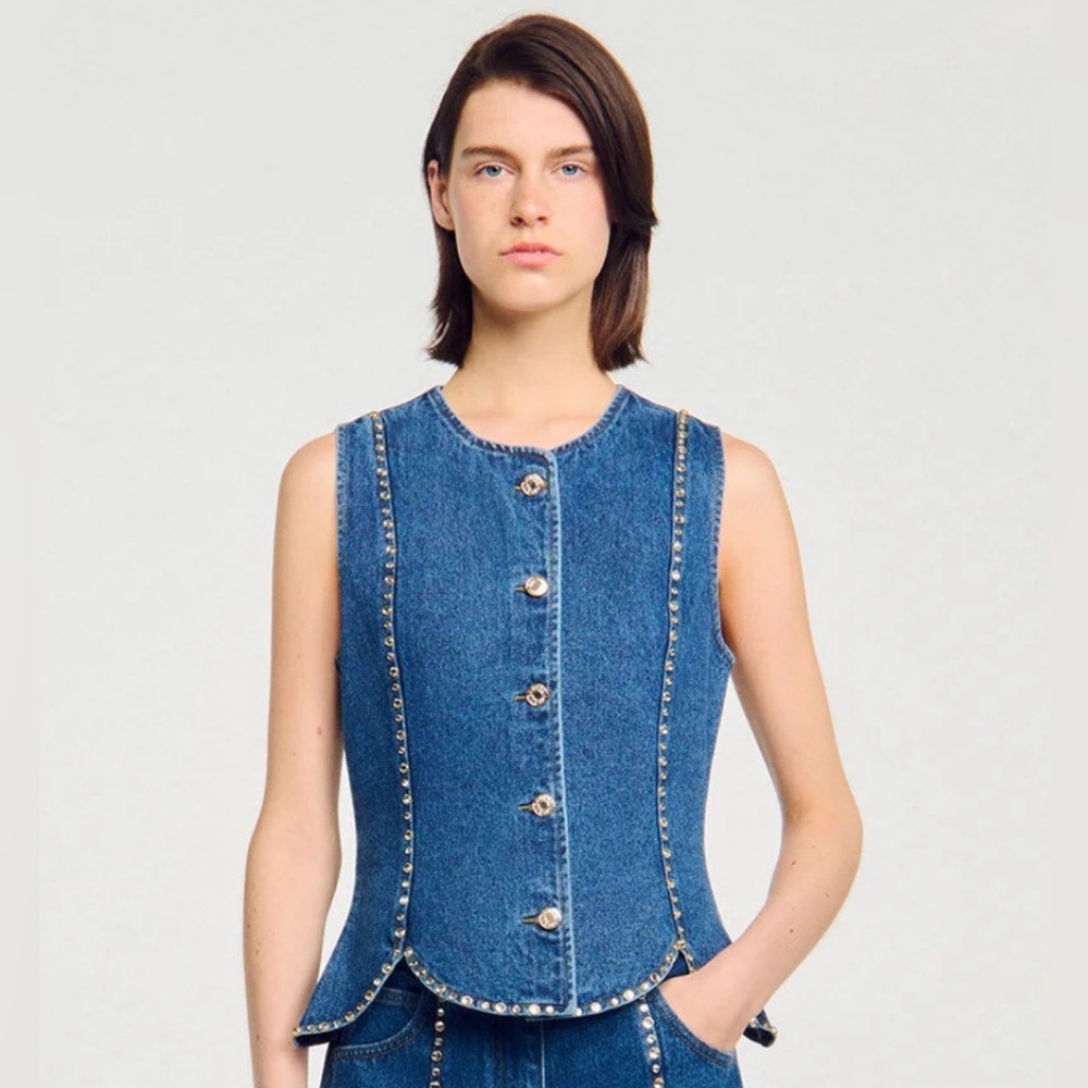 Sandro- Blue Denim Rhinestone Vest